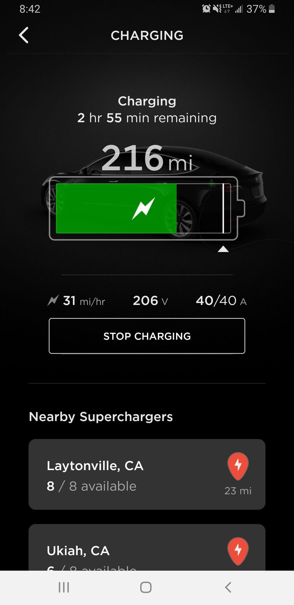 Tesla model 3 charging.  Spot is a little tight.