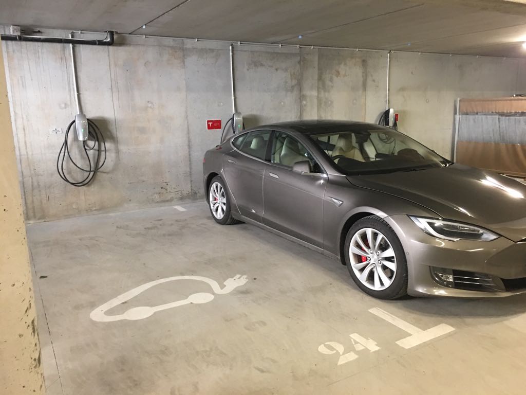 Plenty of chargers and parking space, with lift close by for luggage.