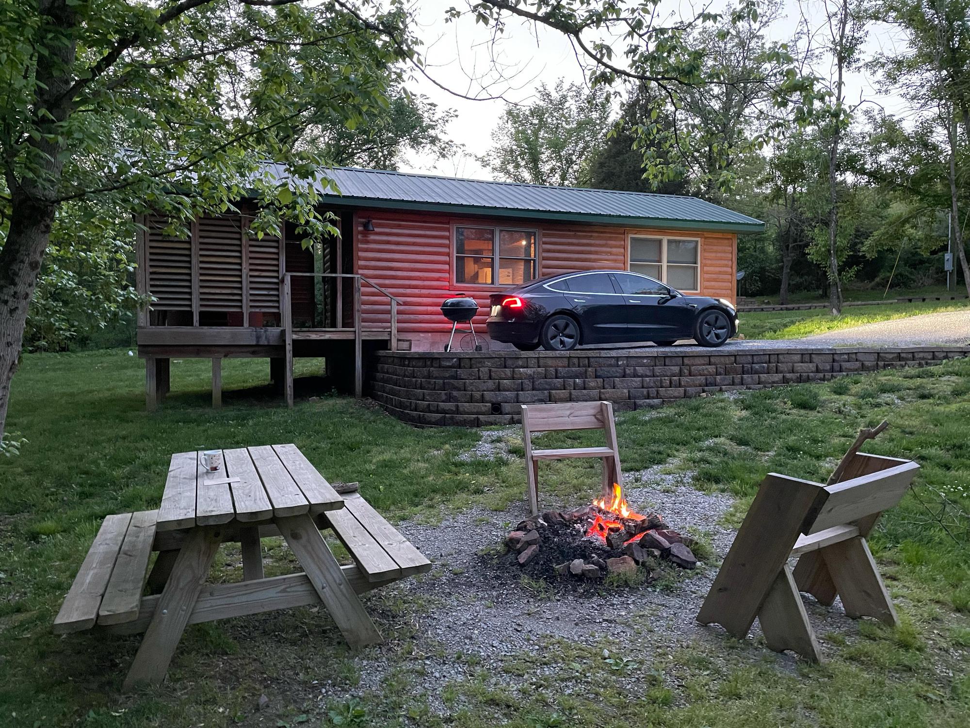 Parked next to our rental cabin after charging at Tesla destination charger a few steps away.